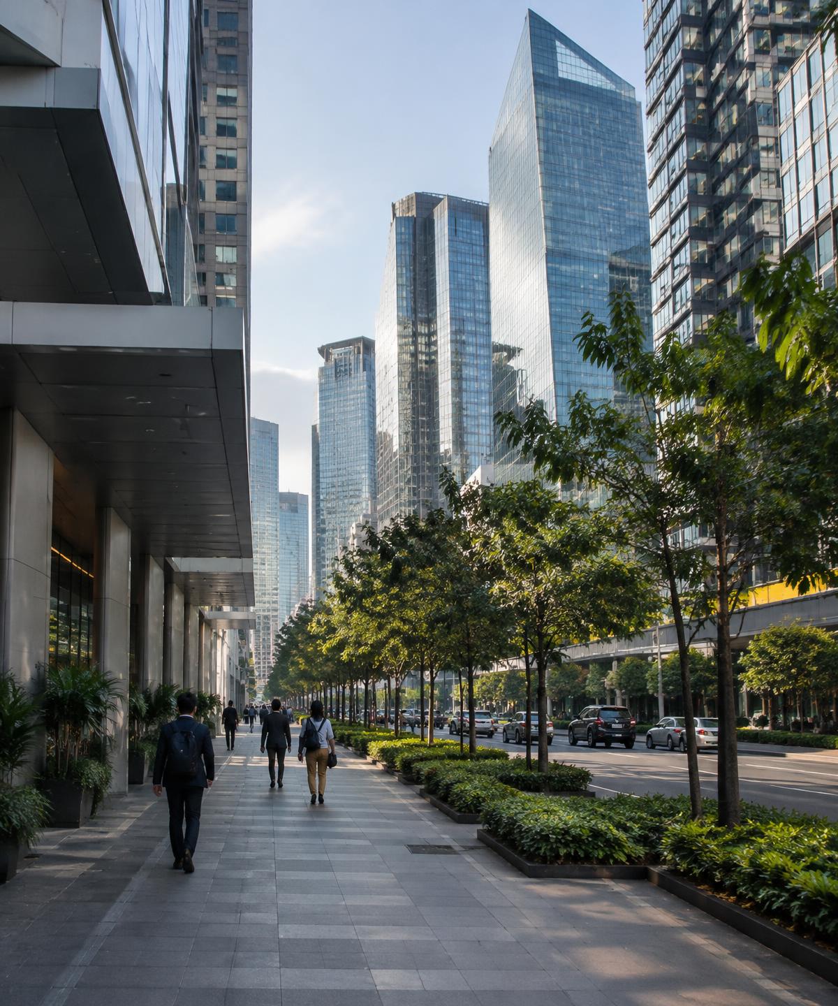 A tree-lined walkway beside modern office towers in a city business district
